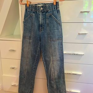 Mother straight leg jeans with ruched waist